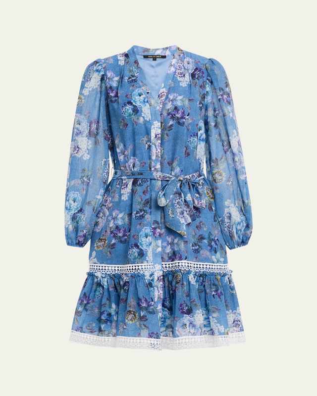 Elisa Long-Sleeve Floral Lace-Trim Dress